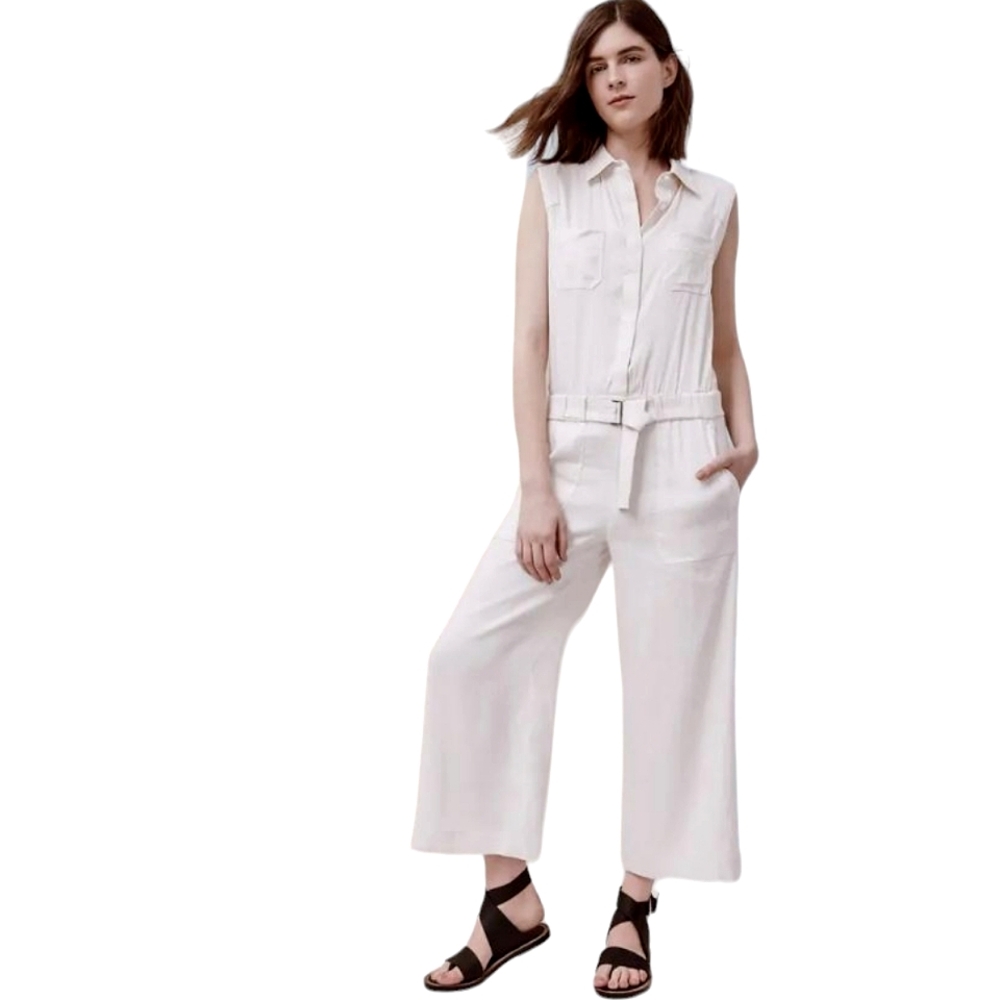 Vince Nwot Linen- Blend Creme Sleeveless Belted Utility Jumpsuit